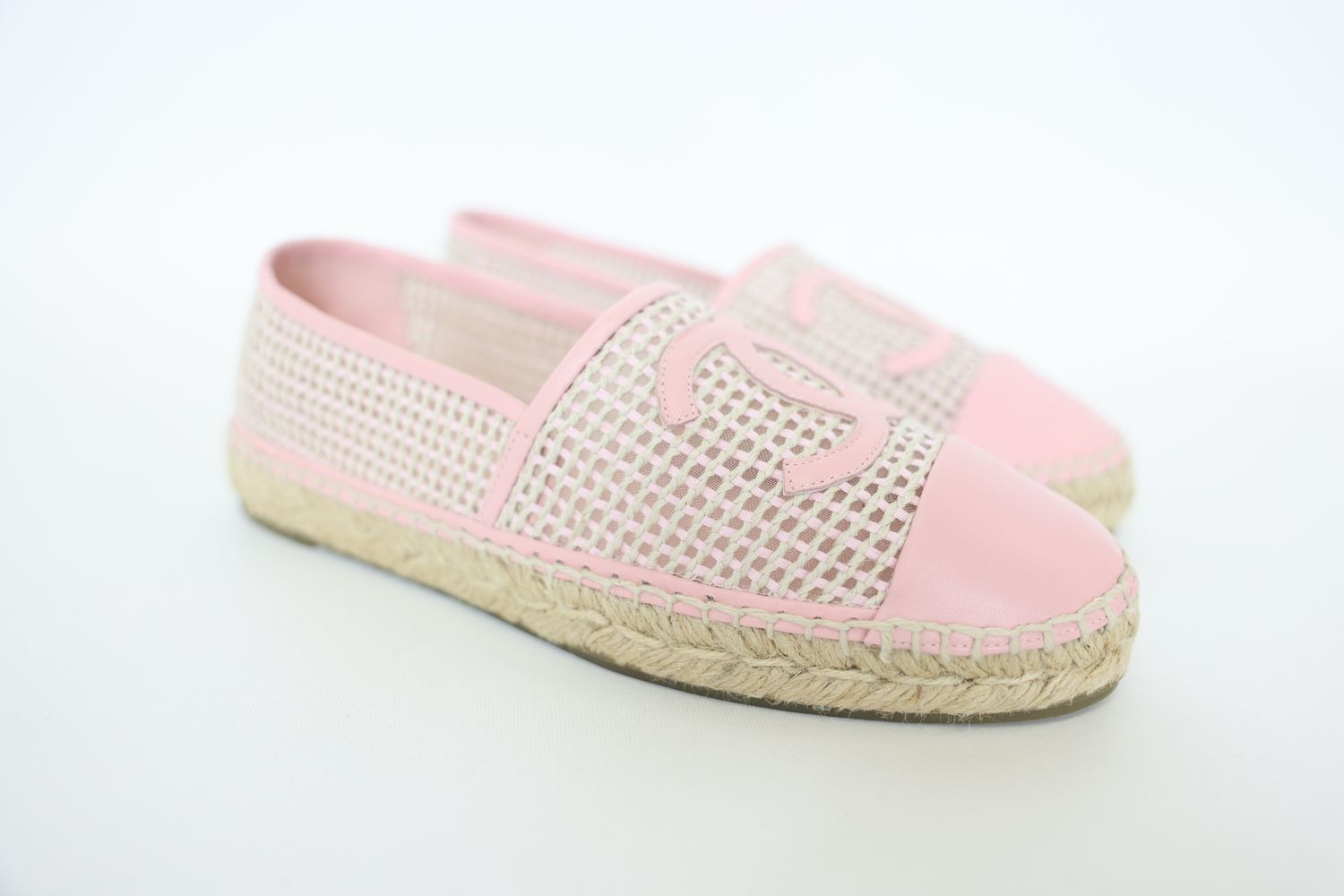 Chanel Shoes, Cap Toe Espadrilles Size 41, Pink Leather and Beige Mesh, New in Box WA001