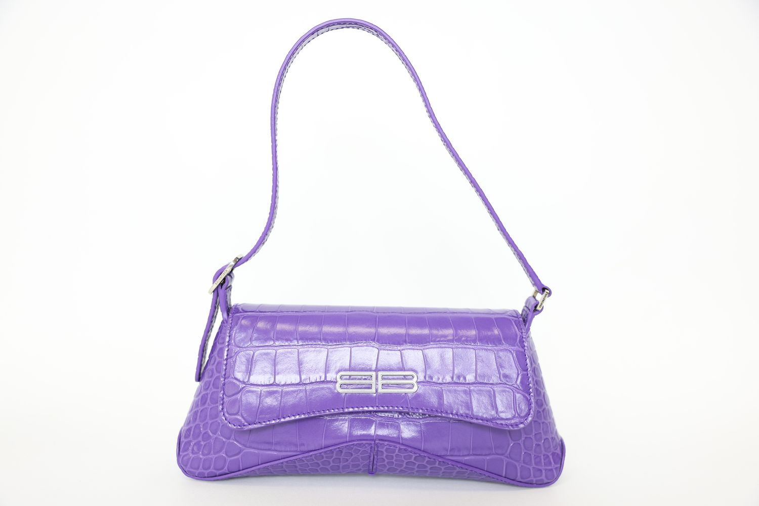 Balenciaga XX Shoulder Bag Mini, Purple Shiny Supple Embossed Crocodile Calfskin with Silver Hardware, New in Dustbag WA001
