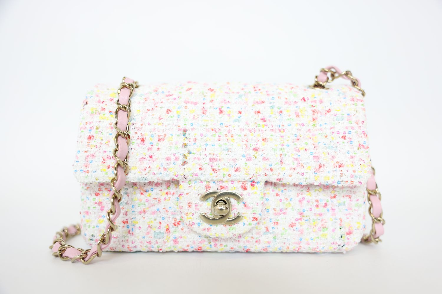 Chanel Classic Mini, 25P White Multicolored Sequin Tweed and Pink Leather with Gold Hardware, New in Box WA001
