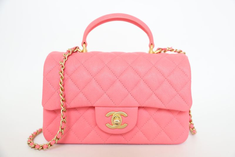 Chanel Flap with Top Handle Mini Rectangular, Rose Pink Caviar with Gold Hardware, Preowned in Box WA001