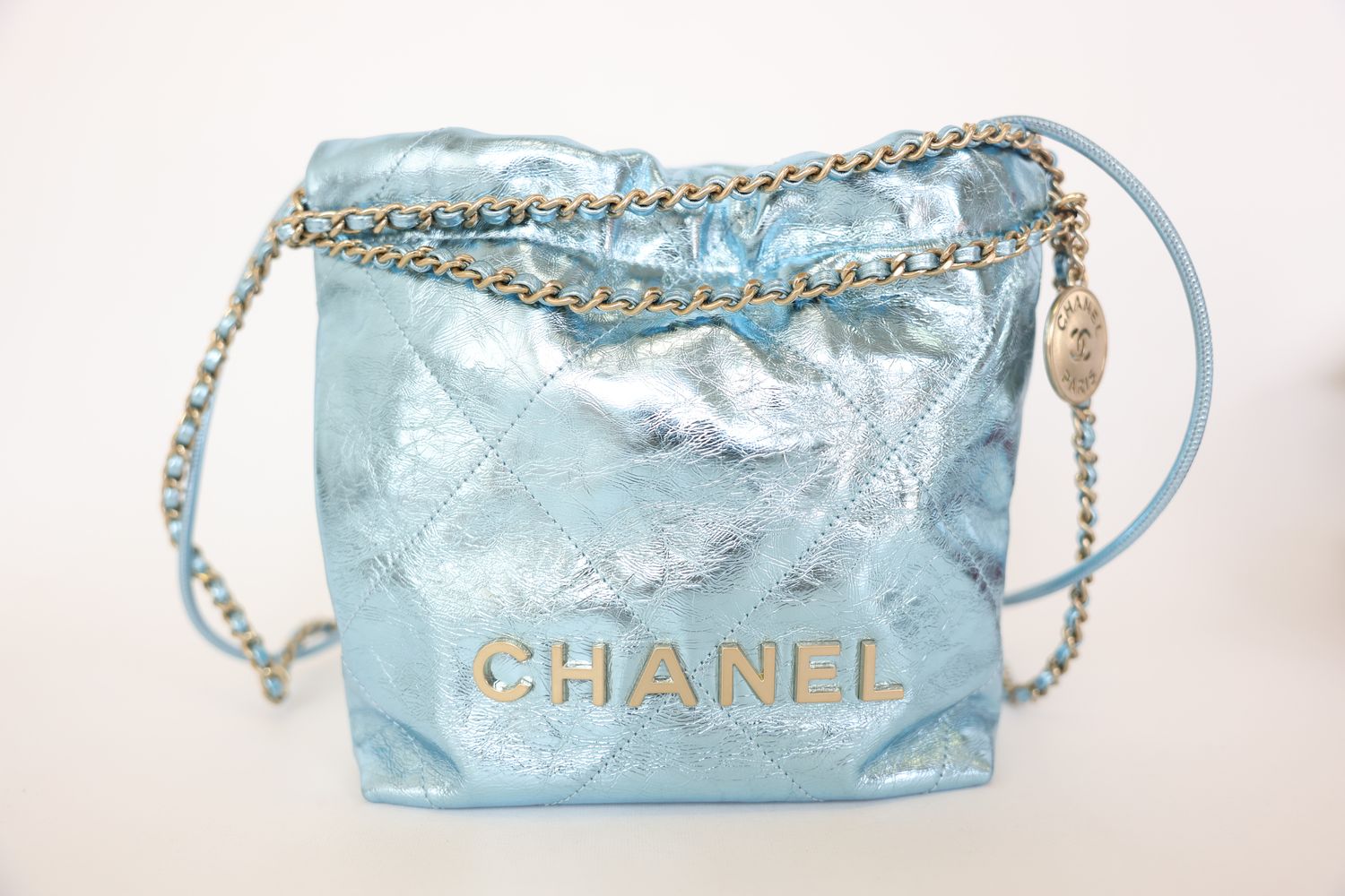 Chanel 22 Mini, Light Blue Metallic Calfskin and Gold Hardware, New in Box WA001