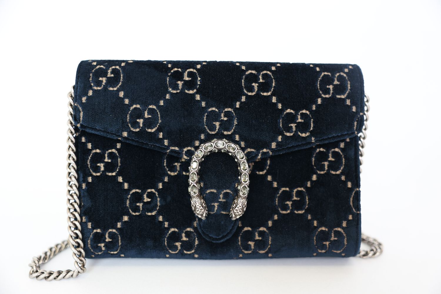 Gucci Dionysus Chain Wallet Mini, Navy Blue and Beige GG Velvet with Silver Hardware, Preowned in Box WA001