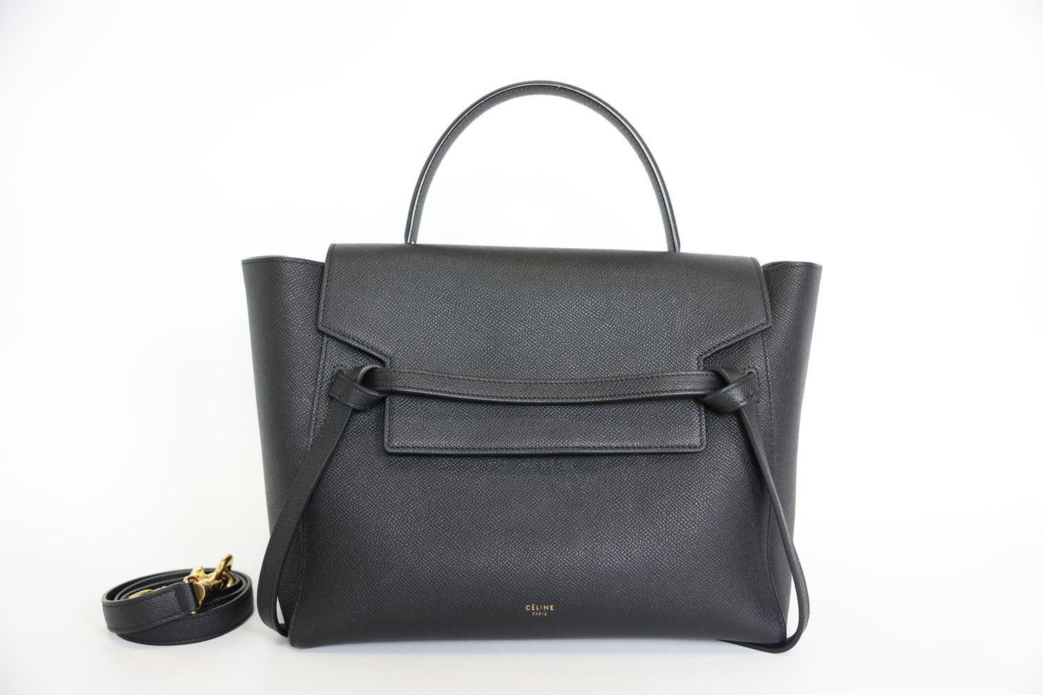 Celine Belt Bag Mini, Black Grained Calfskin with Gold Hardware, Preowned in Dustbag WA001