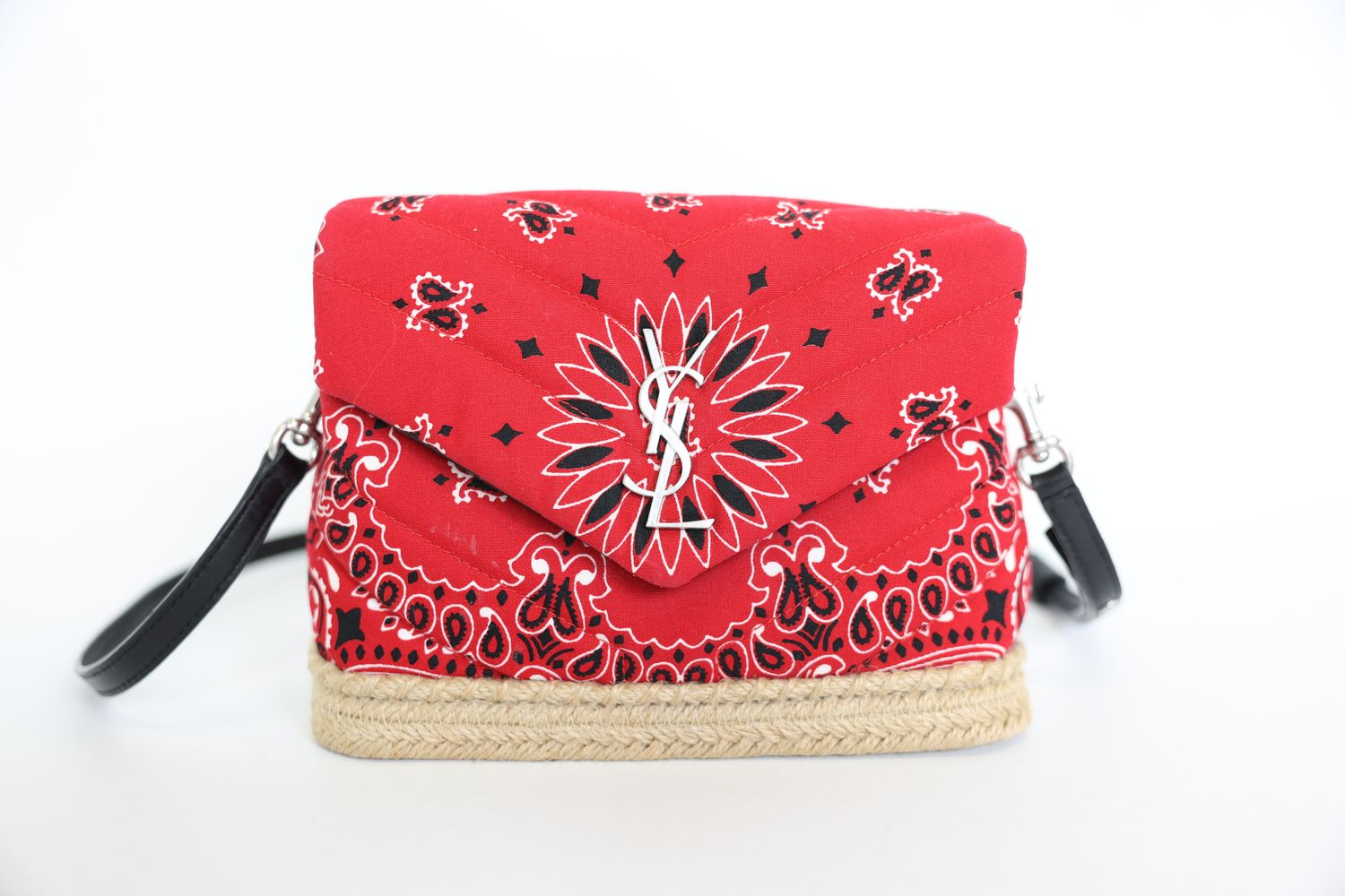 Saint Laurent Loulou Crossbody Bag Toy, Red, Black White Y-Quilted Bandana-Print Cotton, Leather and Jute with Silver Hardware, Preowned in Dustbag WA001