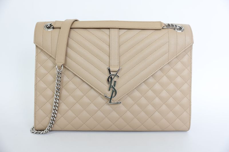 Saint Laurent Envelope Bag Large, Beige Pebbled Leather with Silver Hardware, Preowned in Dustbag WA001