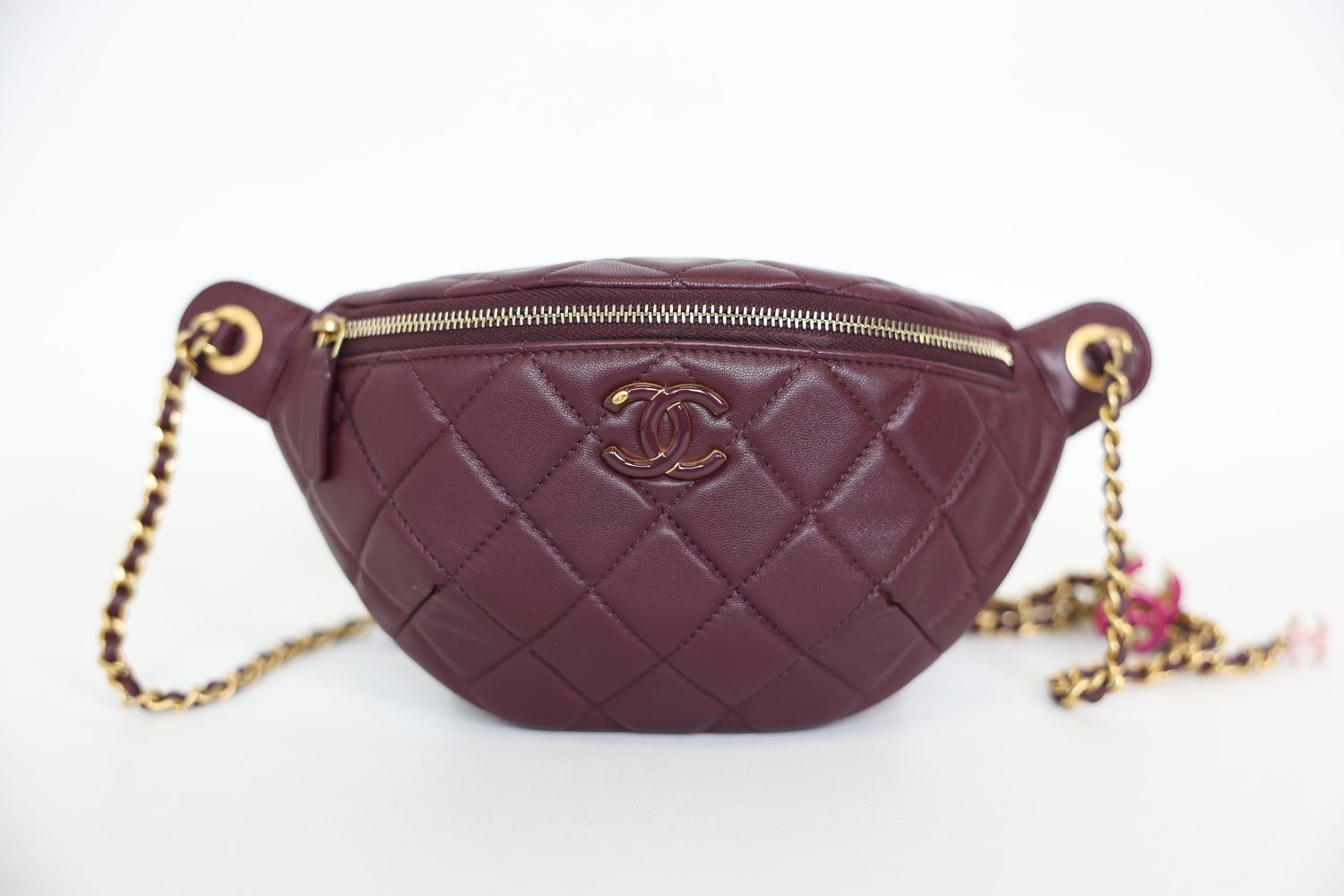 Chanel Waist Bag, 24A Dark Burgundy Lambskin with Gold Hardware, Preowned in Box WA001