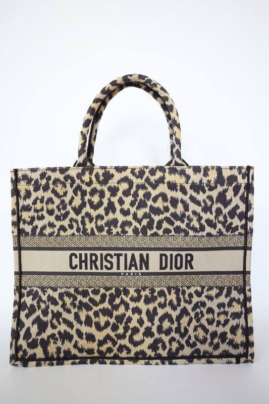 Dior Book Tote Bag Large, Beige and Black Leopard Embroidery, New No Dustbag WA001