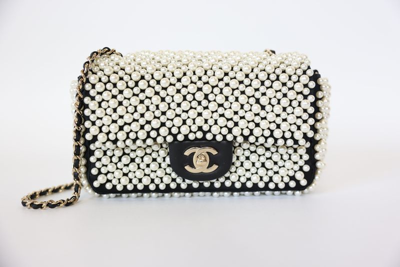 Chanel Mini Rectangular, 19s Black and White Pearl with Gold Hardware, Preowned in Box WA001