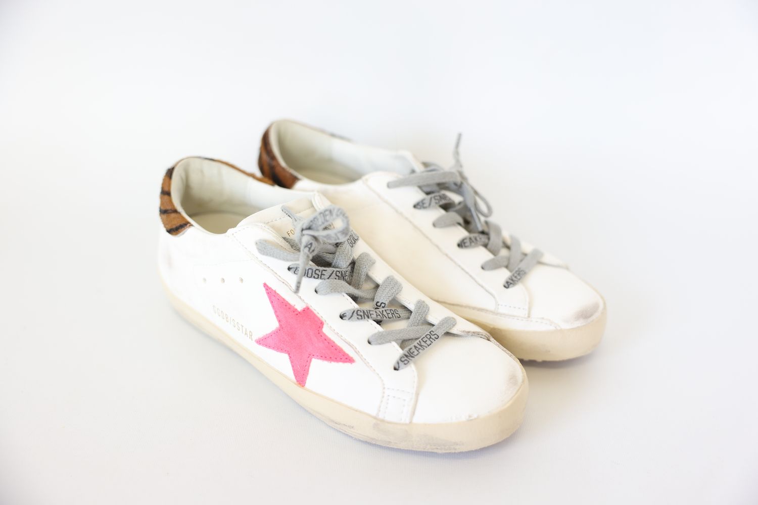 Golden Goose Shoes, Super-Star Classic Sneakers, White Pink Suede Star Black Brown Pony Skin, Size 37, New in Box WA001