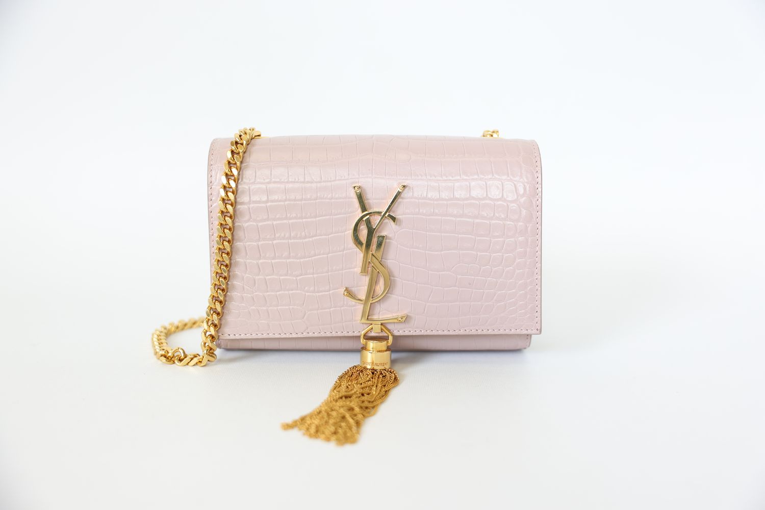 Saint Laurent Kate Tassel Bag Small, Lavender Shiny Crocodile-Embossed Calfskin with Gold Hardware, Preowned in Box WA001