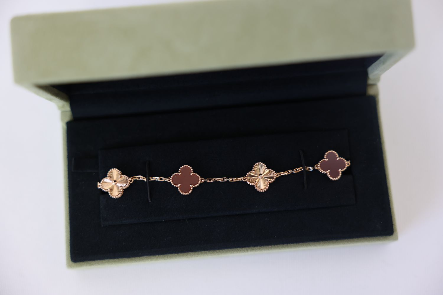 Van Cleef and Arpels Vintage Alhambra Bracelet 5 Motifs, 18k Rose Gold Guilloché and Carnelian, Preowned in Box WA001