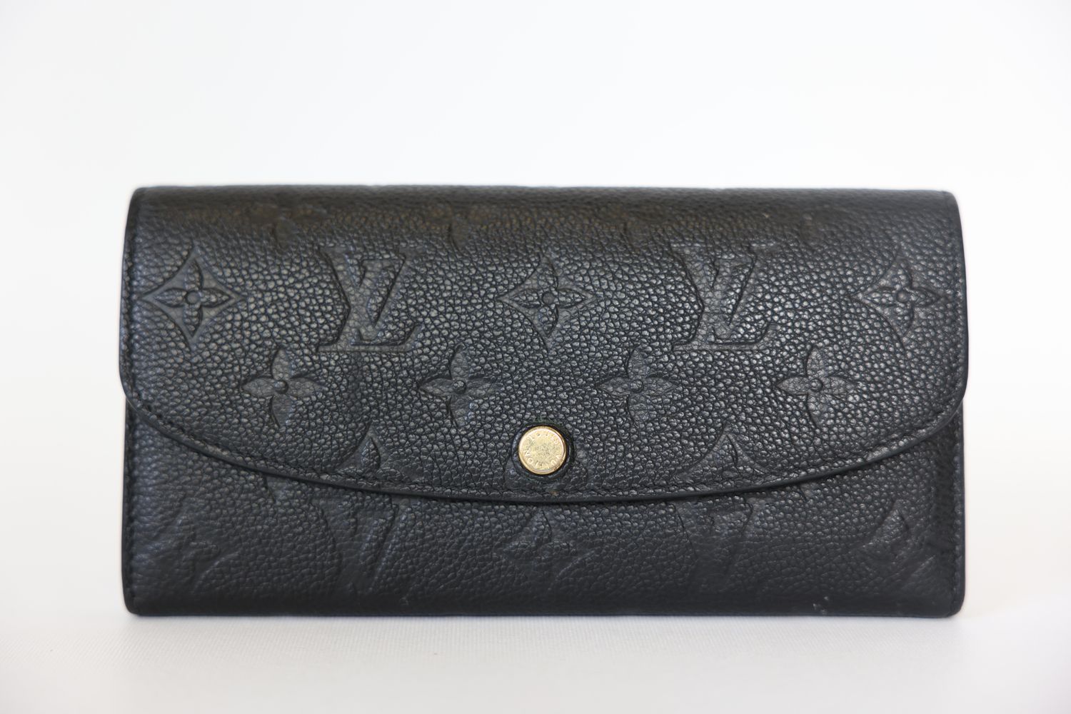 Louis Vuitton Emilie Wallet, Black Monogram Empreinte Embossed Grained Cowhide Leather and Beige Grained Cowhide-Leather Lining with Gold Hardware, Preowned in Box WA001