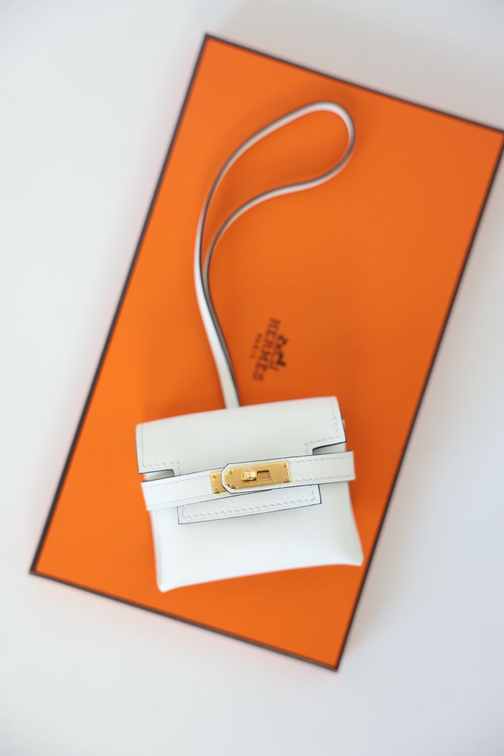 Hermes Kellyfestival Bag Charm, White Swift with Gold Hardware, New in Box WA001