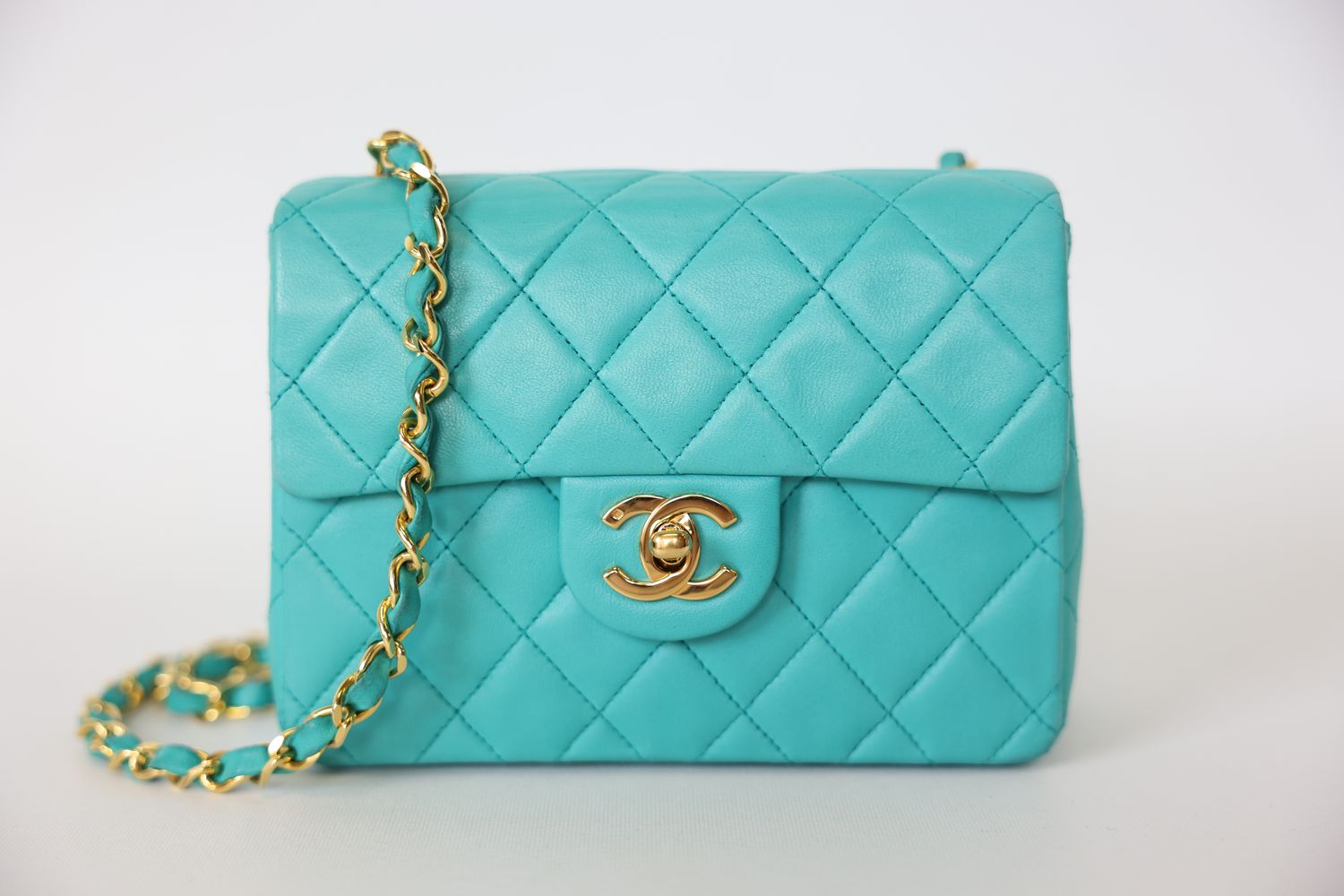 Chanel Vintage Flap Mini Square, Turquoise Blue Green Lambskin with Gold Hardware, Preowned in Dustbag CMA001