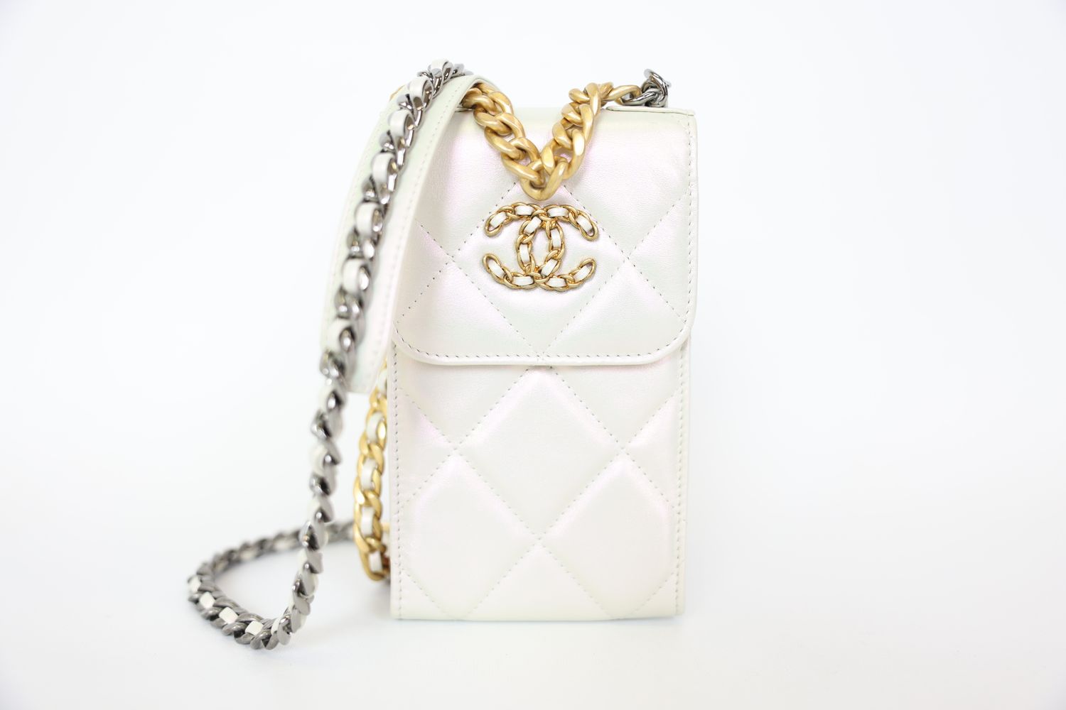 Chanel 19 Phone Holder, Pearly White Calfskin with Mixed Hardware, New in Box WA001