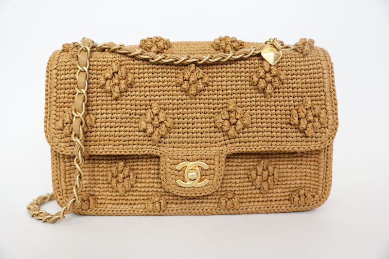 Chanel Flap Medium, Tan Raffia with Gold Hardware, Preowned in Box WA001