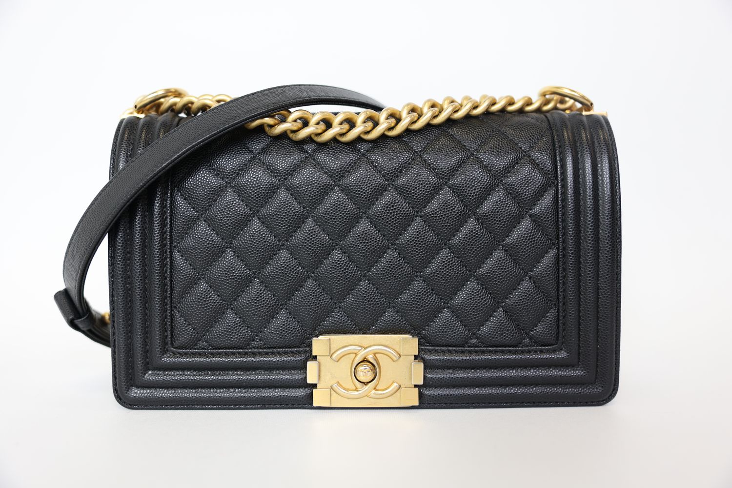 Chanel Boy Flap Bag Medium, Black Caviar Leather with Gold Hardware, Preowned in Box WA001
