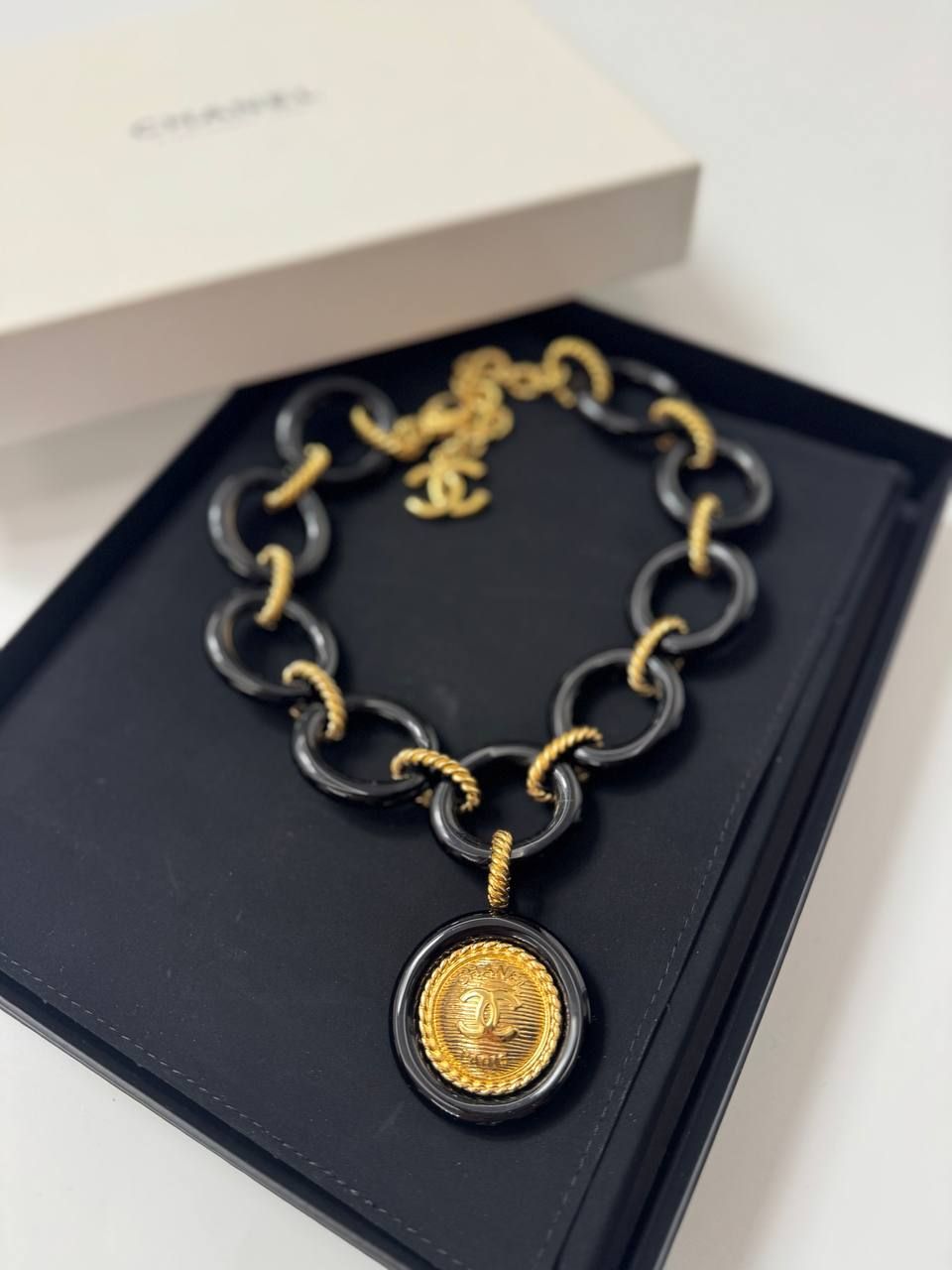 Chanel Statement Medallion Necklace, Black Resin and Gold Hardware, Preowned in Box GA001