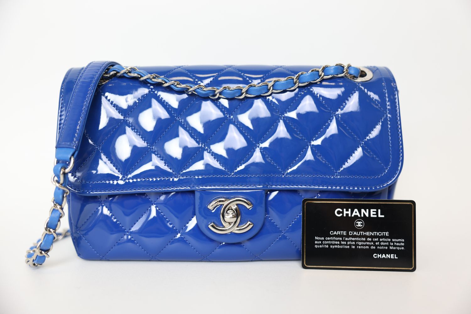 Chanel Classic Single Flap, Blue Patent Leather with Silver Hardware, Preowned in Dustbag WA001