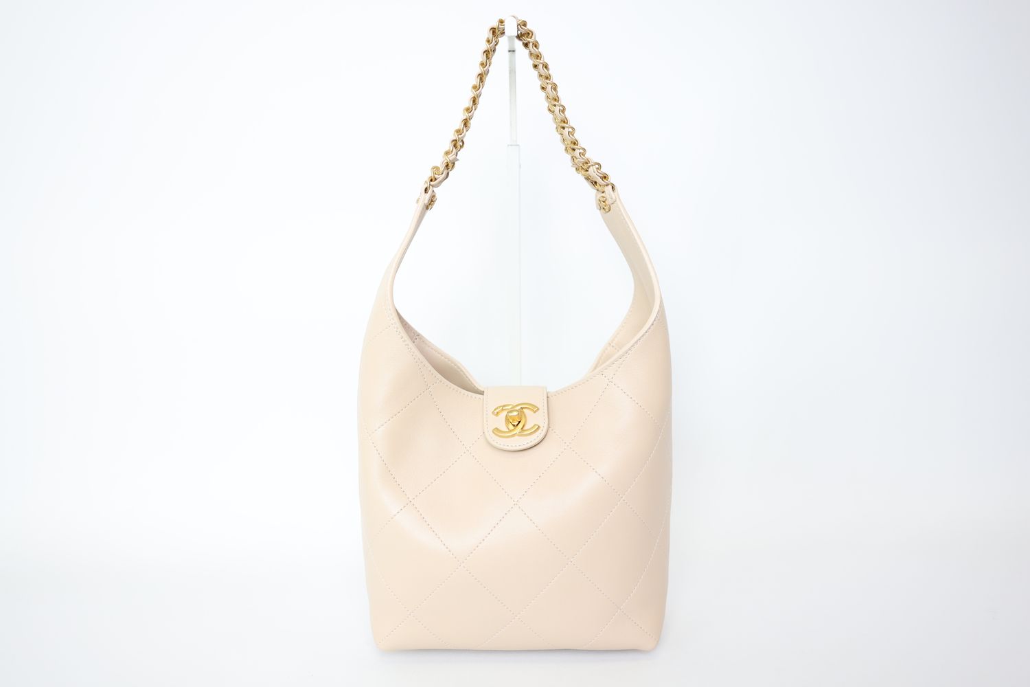 Chanel Coco Hobo, Light Beige Quilted Calfskin with Gold Hardware,Preowned in Box WA001
