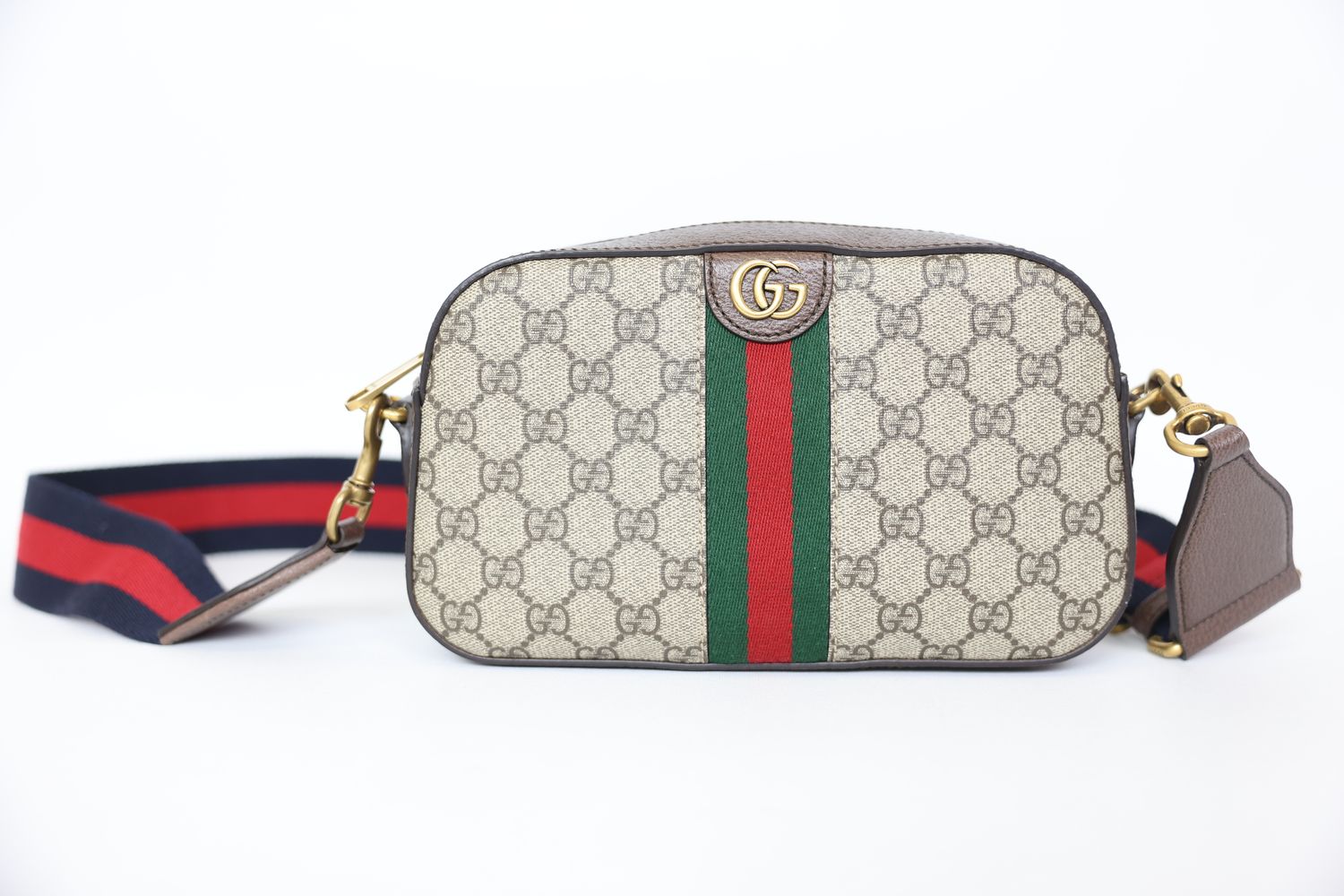 Gucci Ophidia Small, Beige and Ebony GG Supreme Canvas with Gold Hardware, Preowned in Box WA001