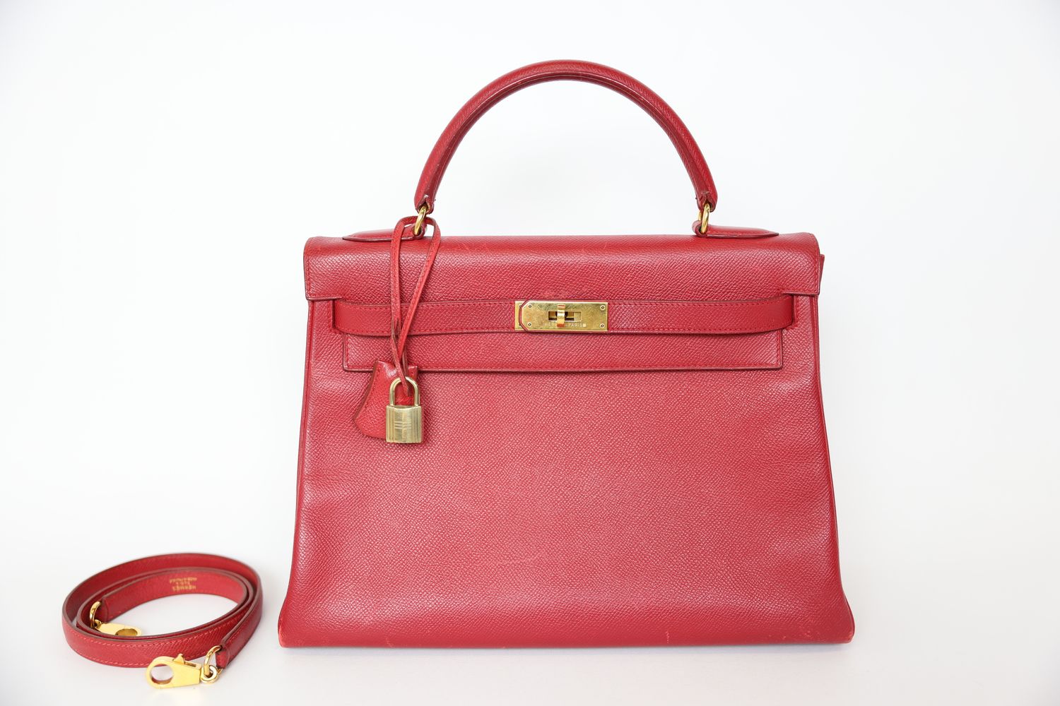 Hermes Kelly 32, Rouge Red Coucheval with Gold Hardware, X (in a circle) 1994, Preowned No Dustbag WA001