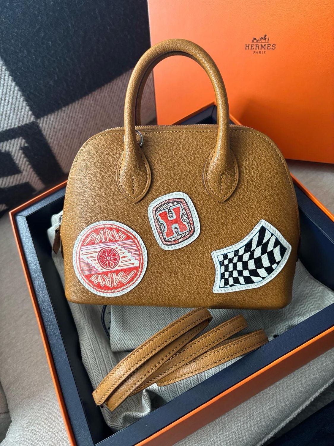 HERMES Bolide1923 Pique 100th Anniversary Model Size Mini Chevre Myzore Goat Caramel (Bank Wire Price), New In Box KJRB001