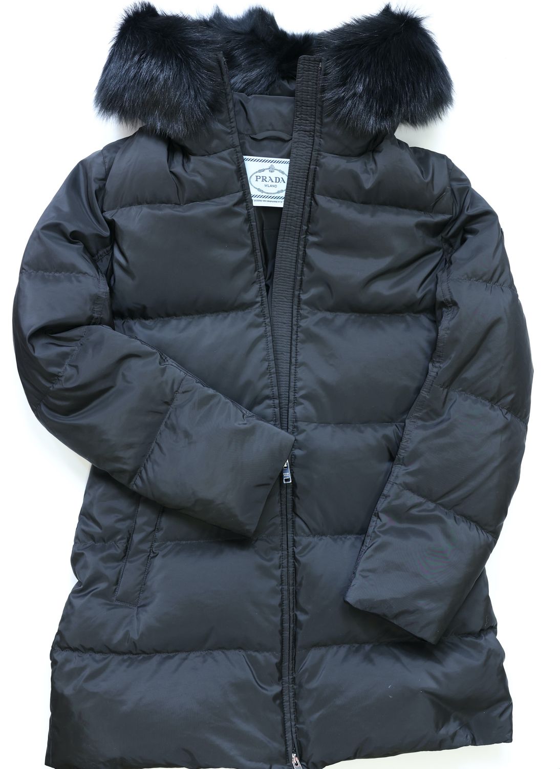 Prada Puffer Jacket Size 40, Black with Down and Fur with Silver Hardware, Preowned in Box WA001