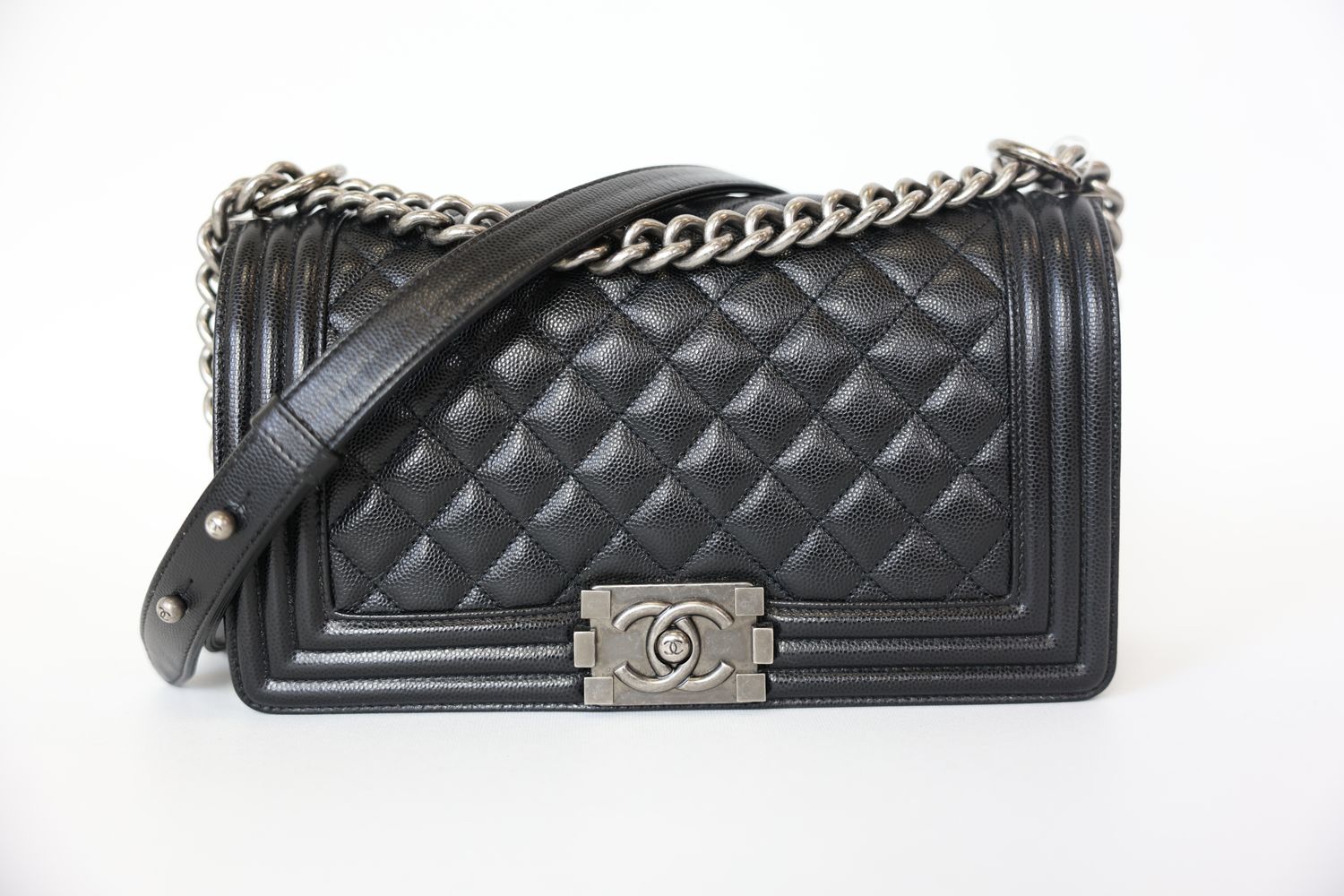 Chanel Boy Old Medium, Black Caviar Leather With Ruthenium Hardware, Preowned in Dustbag WA001