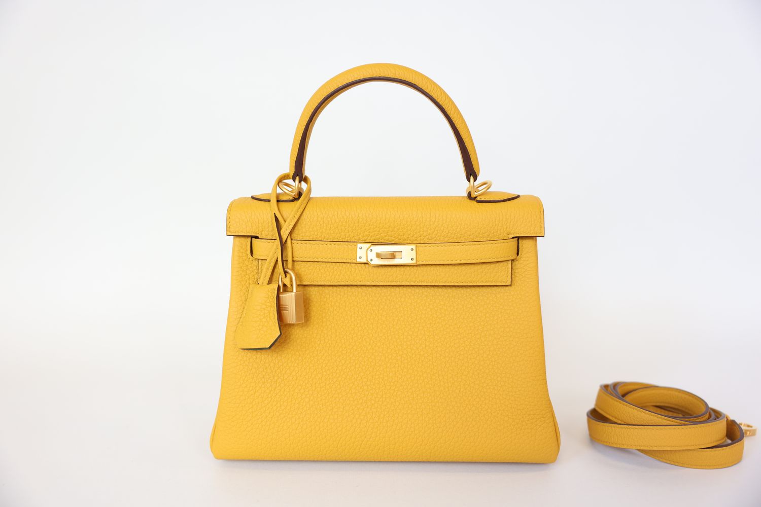 Hermes Kelly 25 Retourne, HSS Special Order Yellow And Green Clemence with Matte Gold Hardware, U Stamp, New in Box WA001