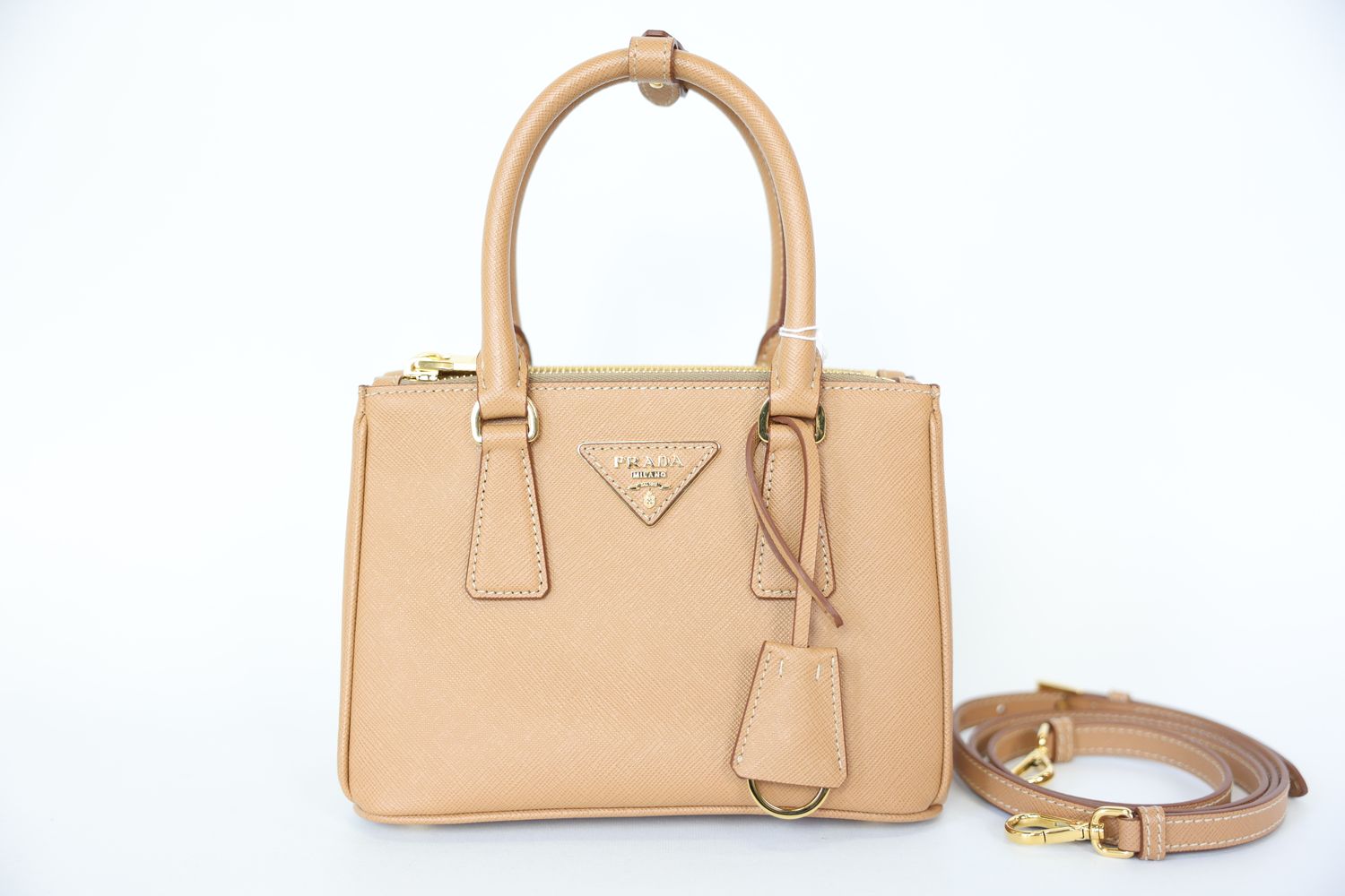 Prada Galleria Double Zip Tote Mini, Brown Saffiano Leather, Preowned in Dustbag WA001