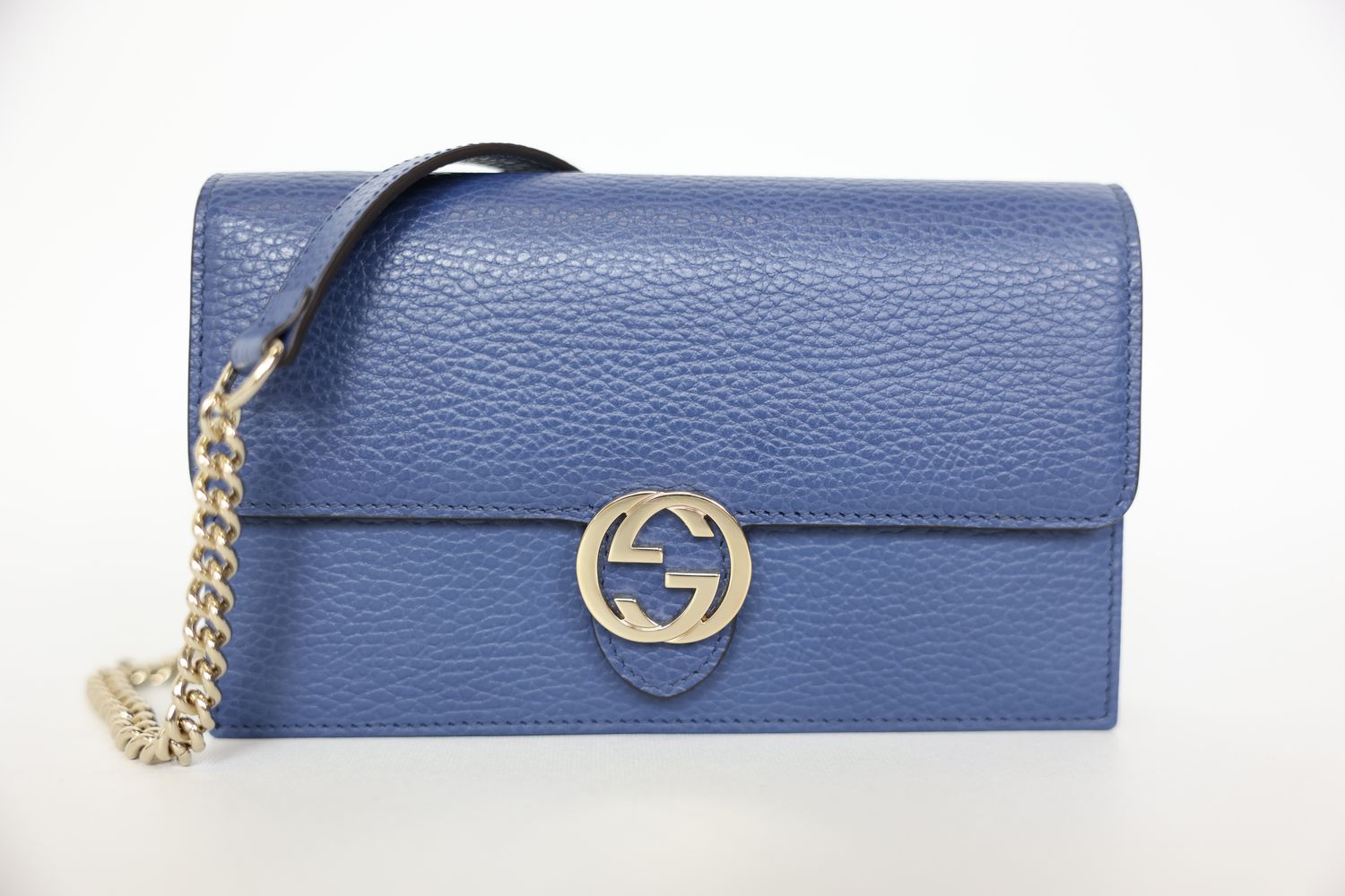 Gucci Wallet on Chain, Blue Leather with Gold Hardware, Preowned in Box WA001
