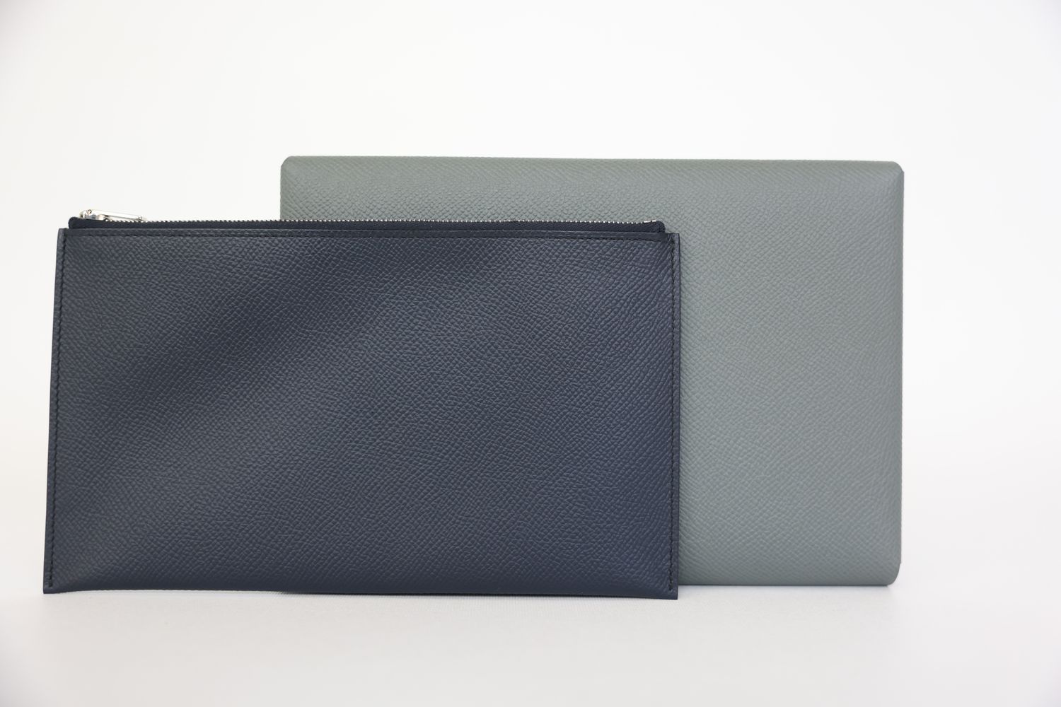 Hermes Calvi Pochette MM, Grey Navy Epsom Leather with Palladium Hardware, New in Box WA001