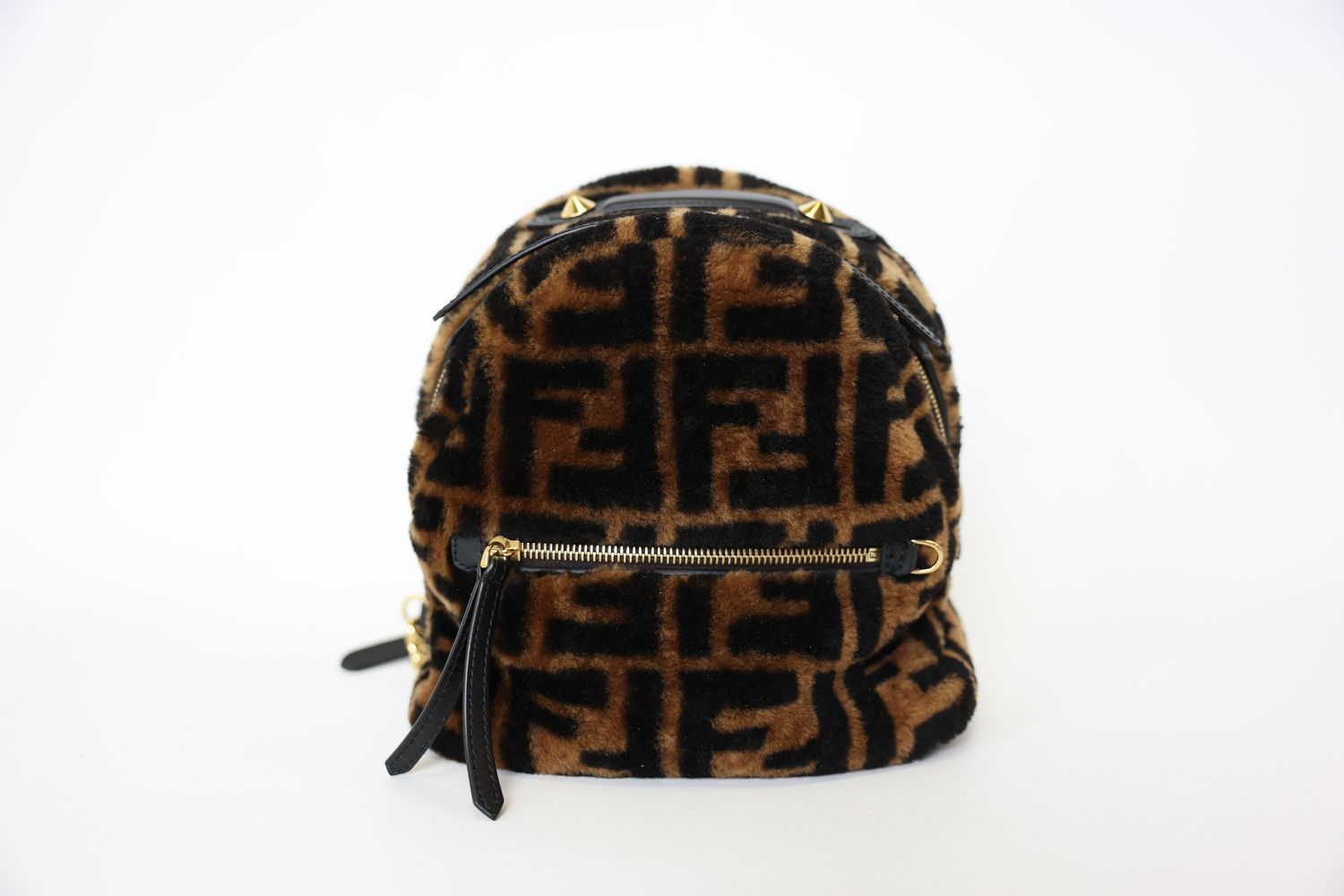 Fendi Shearling Mini Backpack, Macro FF 1974 Black and Tobacco with Gold Hardware, Preowned in Dustbag WA001