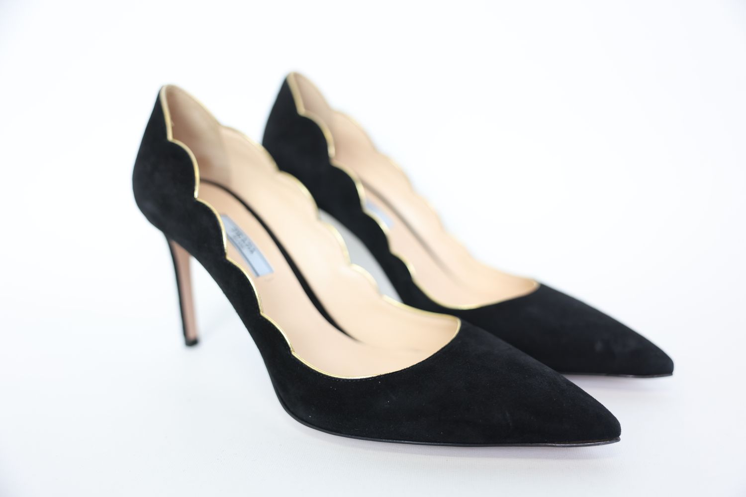 Prada Shoes, Heeled Pumps Size 39, Black Suede and Gold Edge, New in Box WA001
