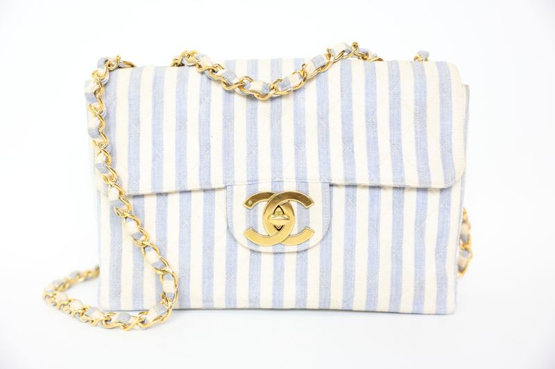 Chanel Jumbo, Blue Striped Canvas with Gold Hardware, Preowned in Dustbag MA001