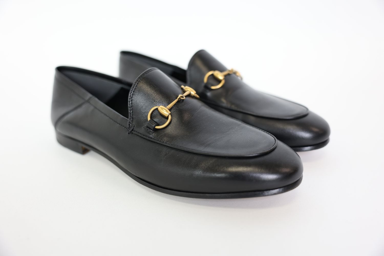 Gucci Shoes, Brixton Loafers Size 39, Black Lambskin with Gold Hardware, New in Box WA001