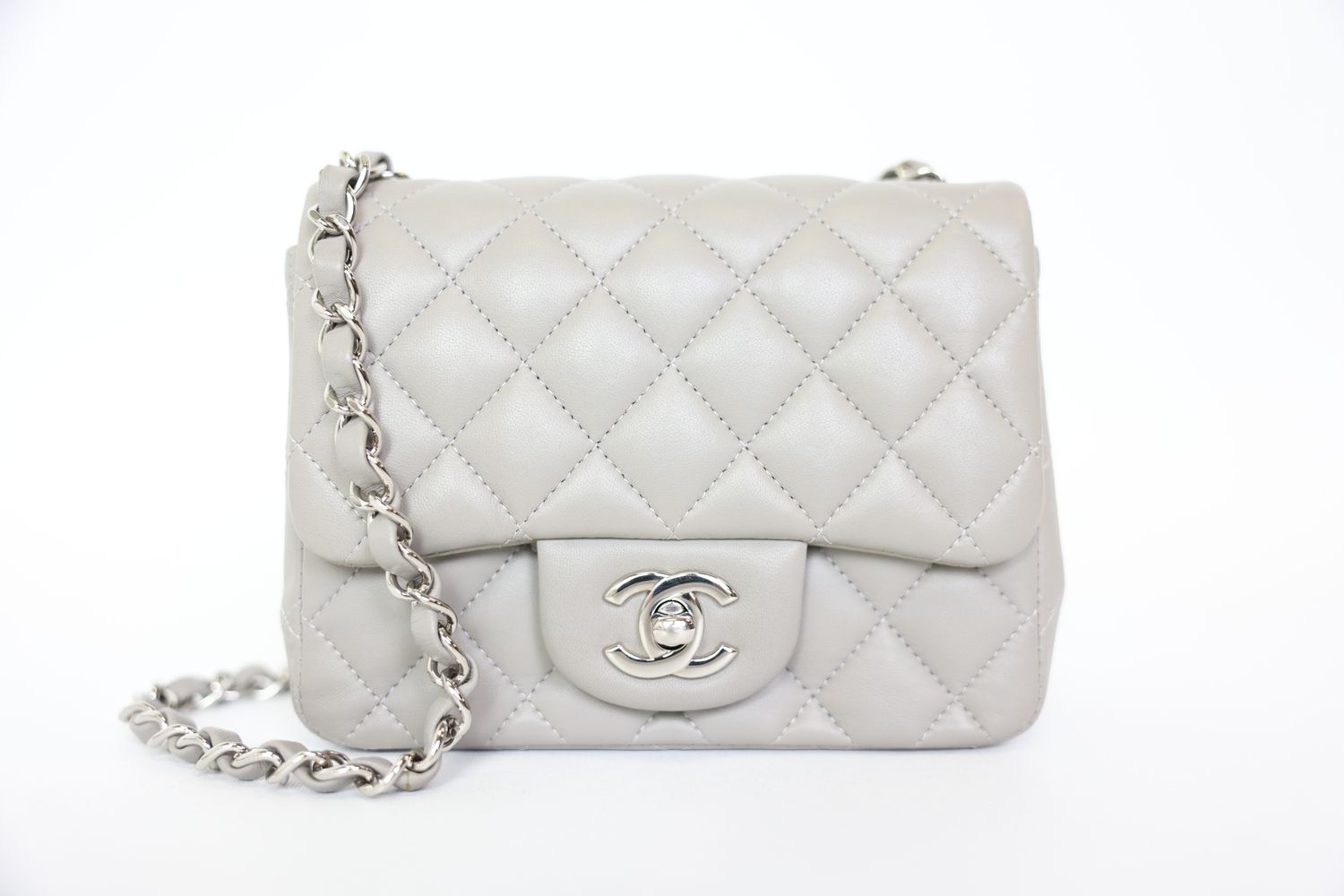 Chanel Flap Mini Square, Grey Lambskin with Silver Hardware, Preowned No Dustbag WA001
