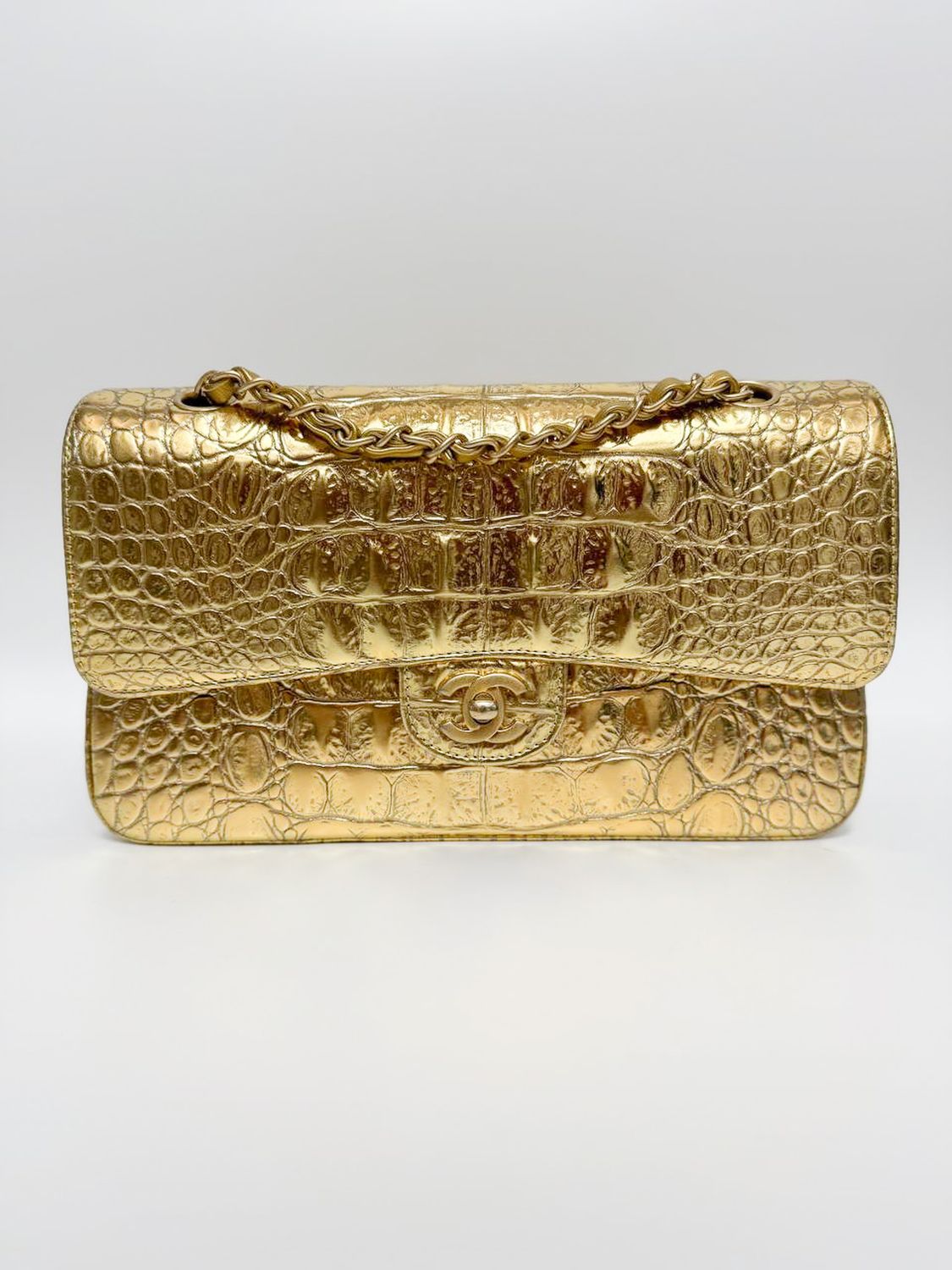 IGLIVE Chanel 19A Egypt Gold Croc Embossed Calfskin Medium Flap Bag, Preowned in Box GA001P