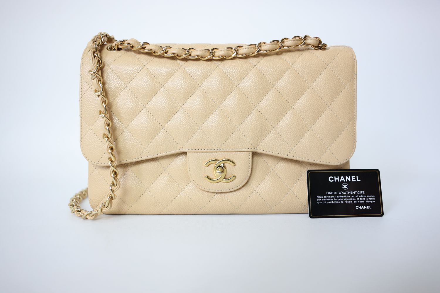 Chanel Classic Jumbo, Beige Caviar with Gold Hardware, Preowned in  Dustbag WA001