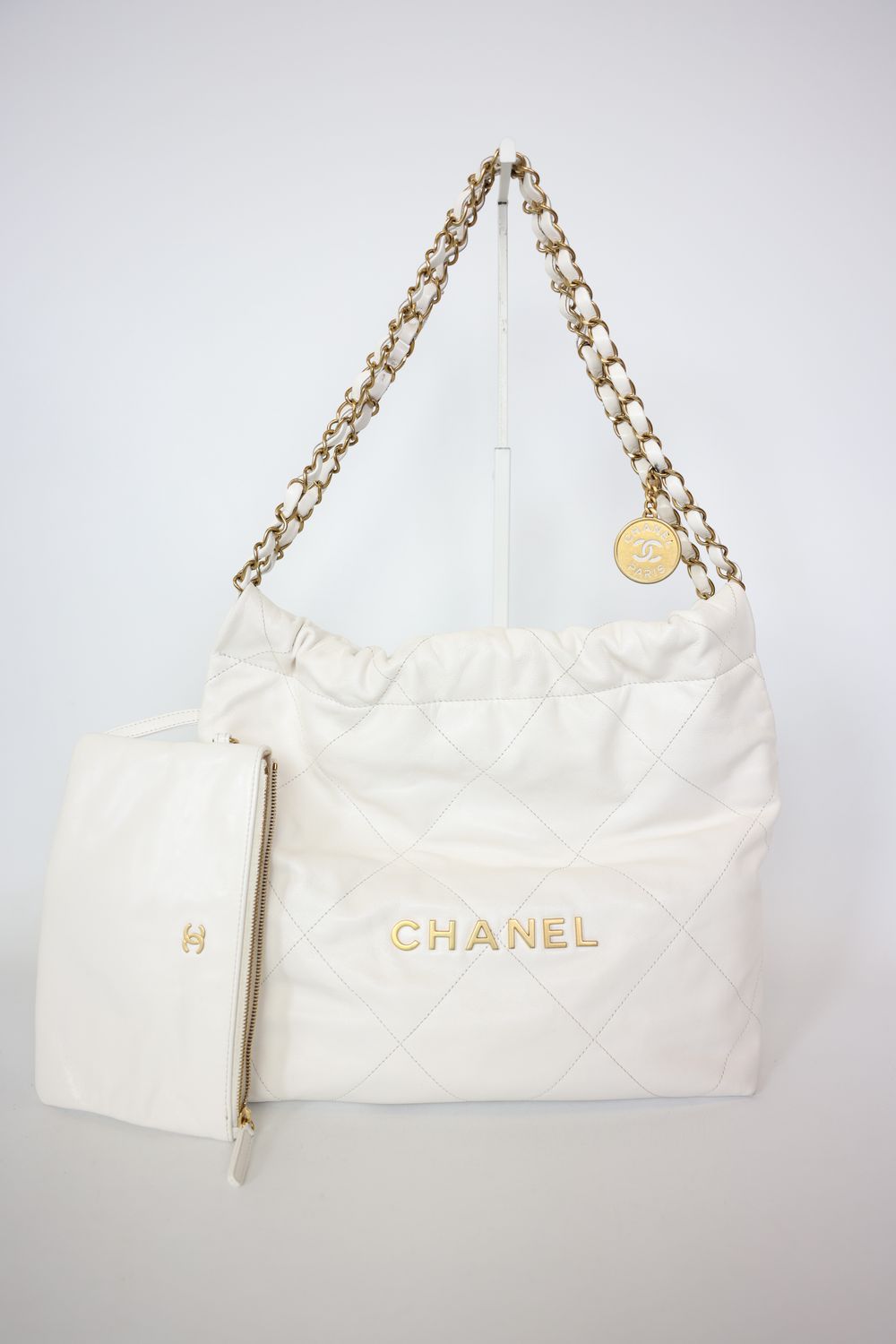 Chanel 22 Chain Hobo Small, White Quilted Calfskin with Gold Hardware, Preowned in Dustbag WA001