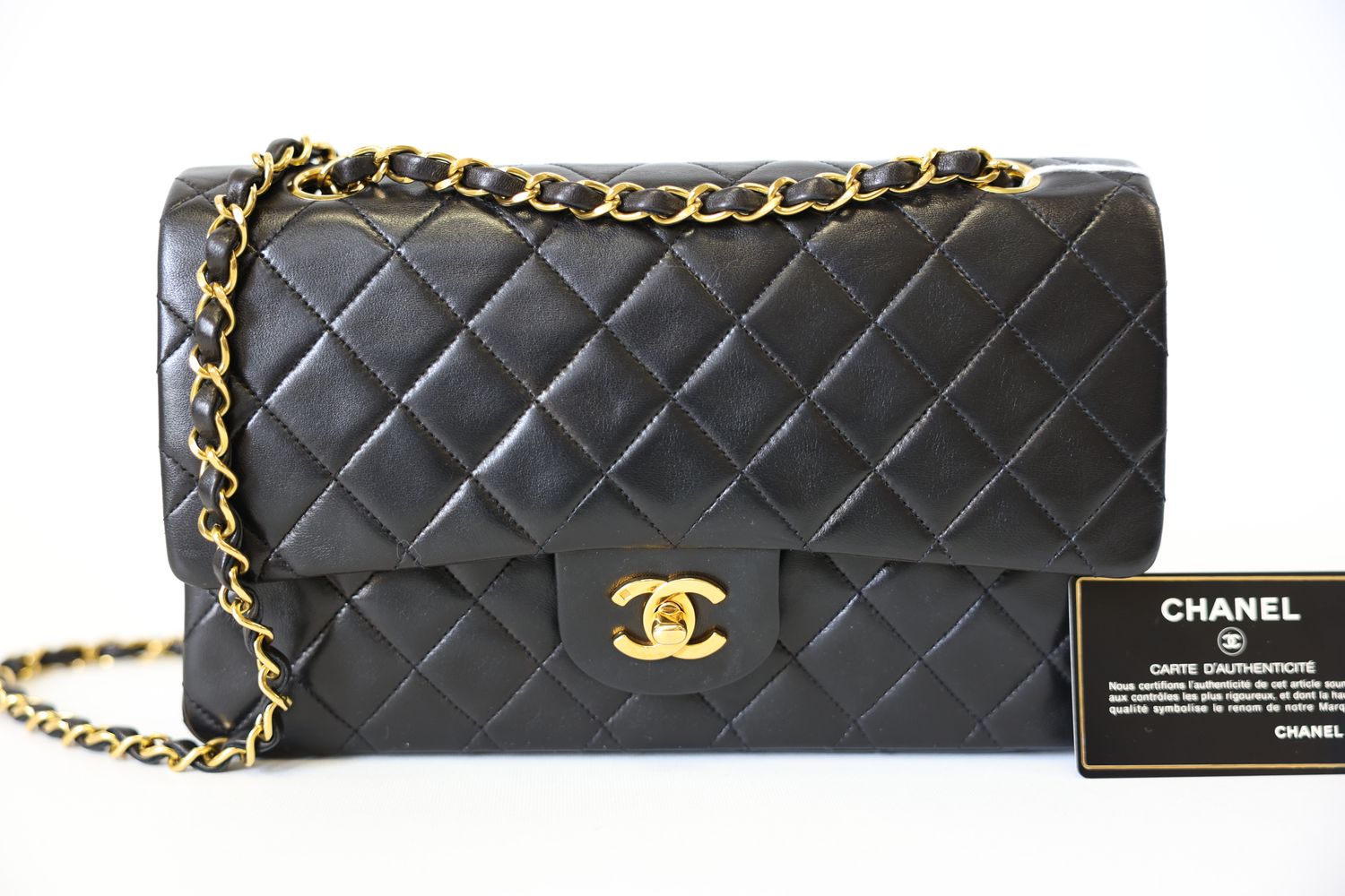 Chanel Vintage Medium, Black Lambskin with Gold Hardware, Preowned in Dustbag WA001