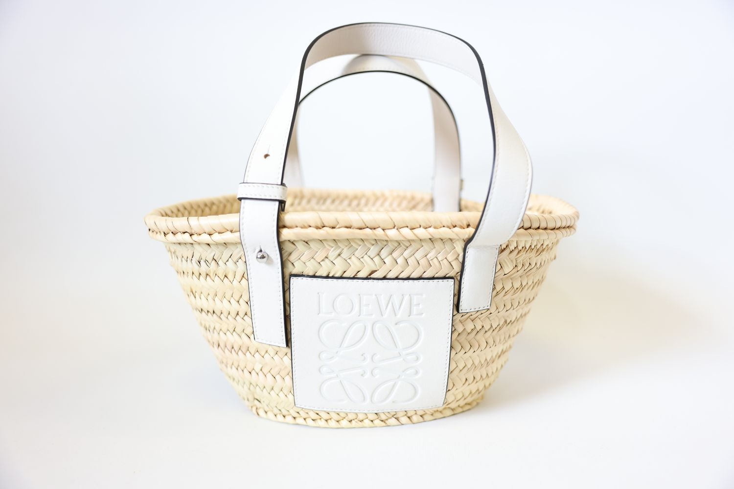 Loewe Basket Small, Natural Palm Leaf and White Calfskin with Palladium Hardware, Preowned in Dustbag WA001