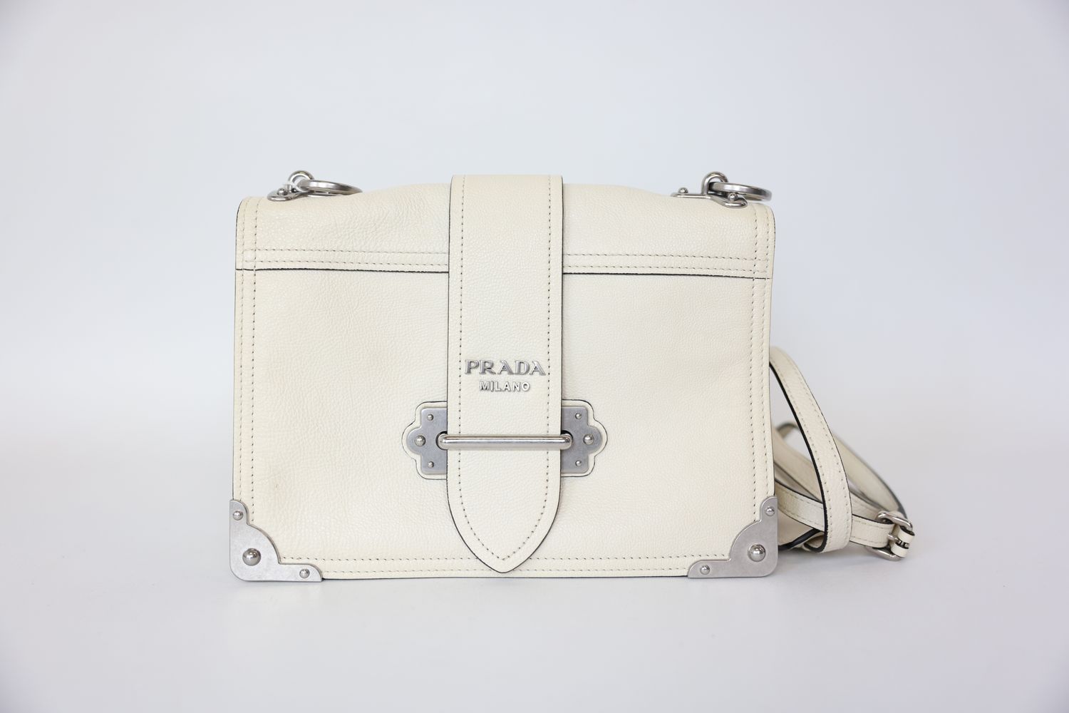 Prada Cahier Small, White Leather with Silver Hardware, Preowned in Dustbag WA001