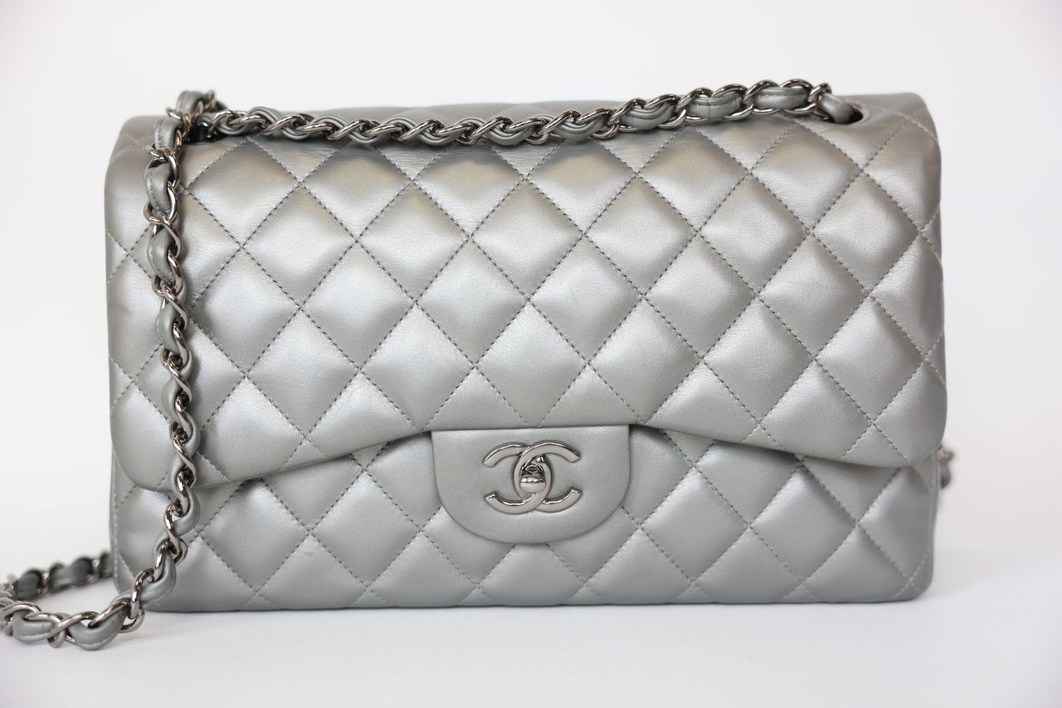 Chanel Classic Jumbo, Silver Quilted Lambskin with Silver Hardware, Preowned in Box WA001