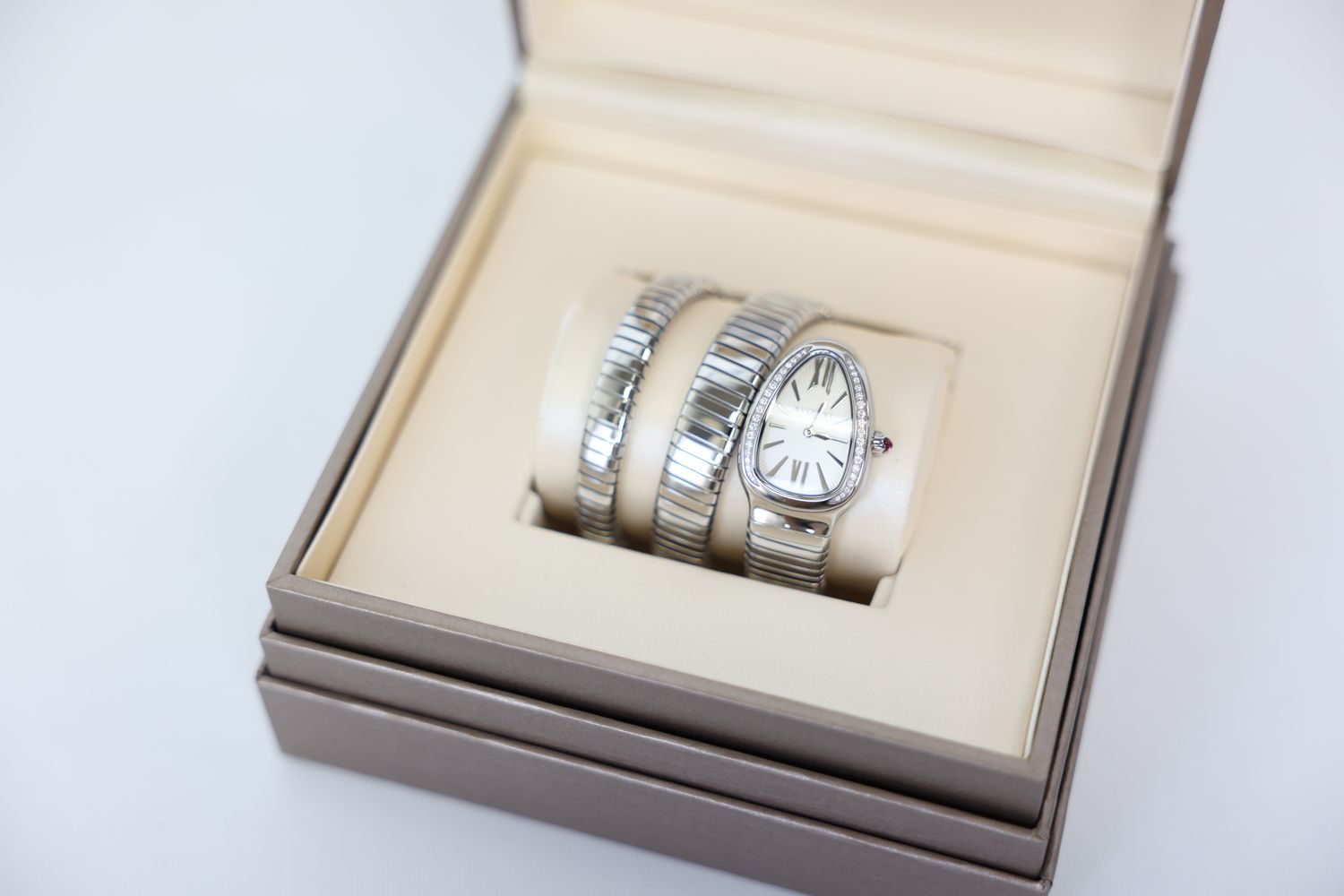 Bvlgari Serpente Wrap Watch, Silver Stainless Steel with Diamond Markers, Preowned in Box WA001