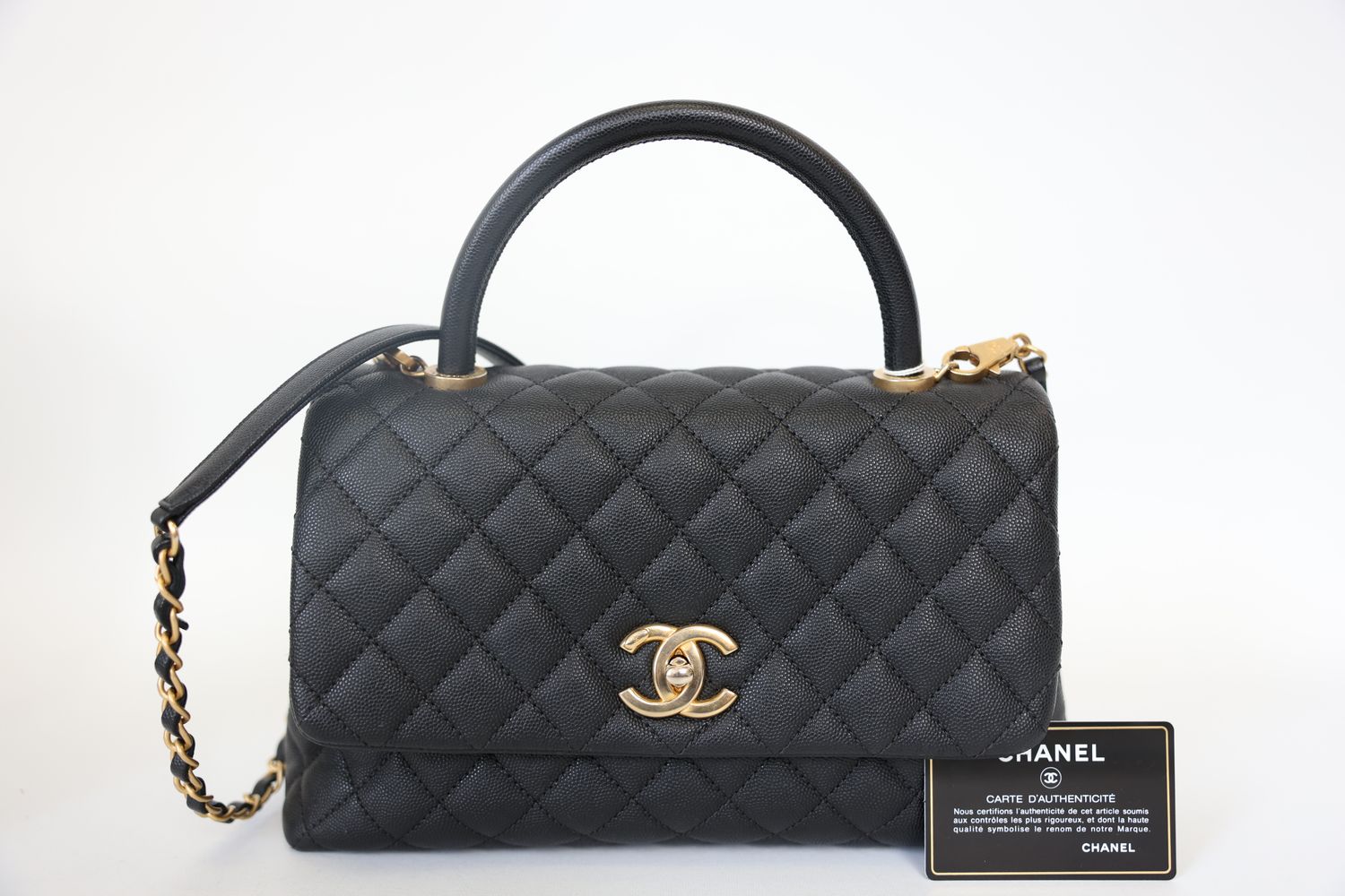 Chanel Coco Top Handle Bag Large, Black Quilted Caviar Leather with Aged Gold Hardware, Preowned in Box WA001