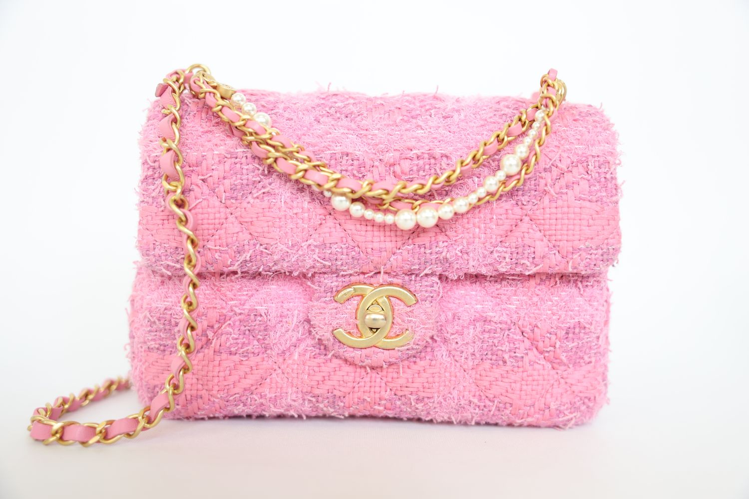 Chanel Mini Flap, Pink Tweed with Gold Hardware &amp; Pearl Chain, Preowned in Box WA001