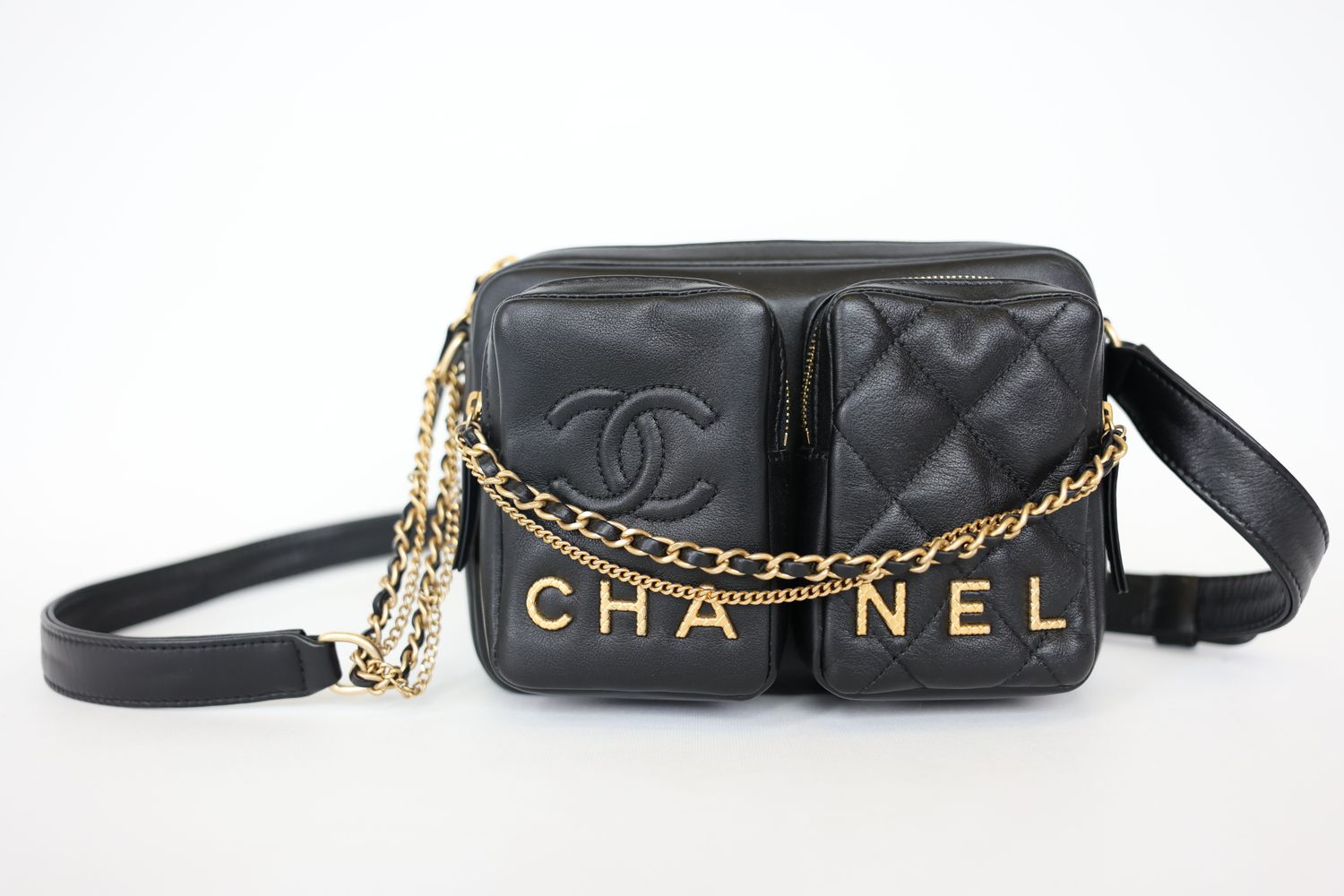 Chanel Camera Bag, Black Lambskin with Gold Hardware, Preowned in Box WA001