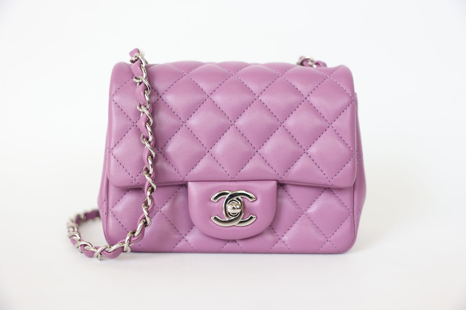 Chanel Flap Mini Square, Purple Lambskin with Silver Hardware, Preowned in Box WA001